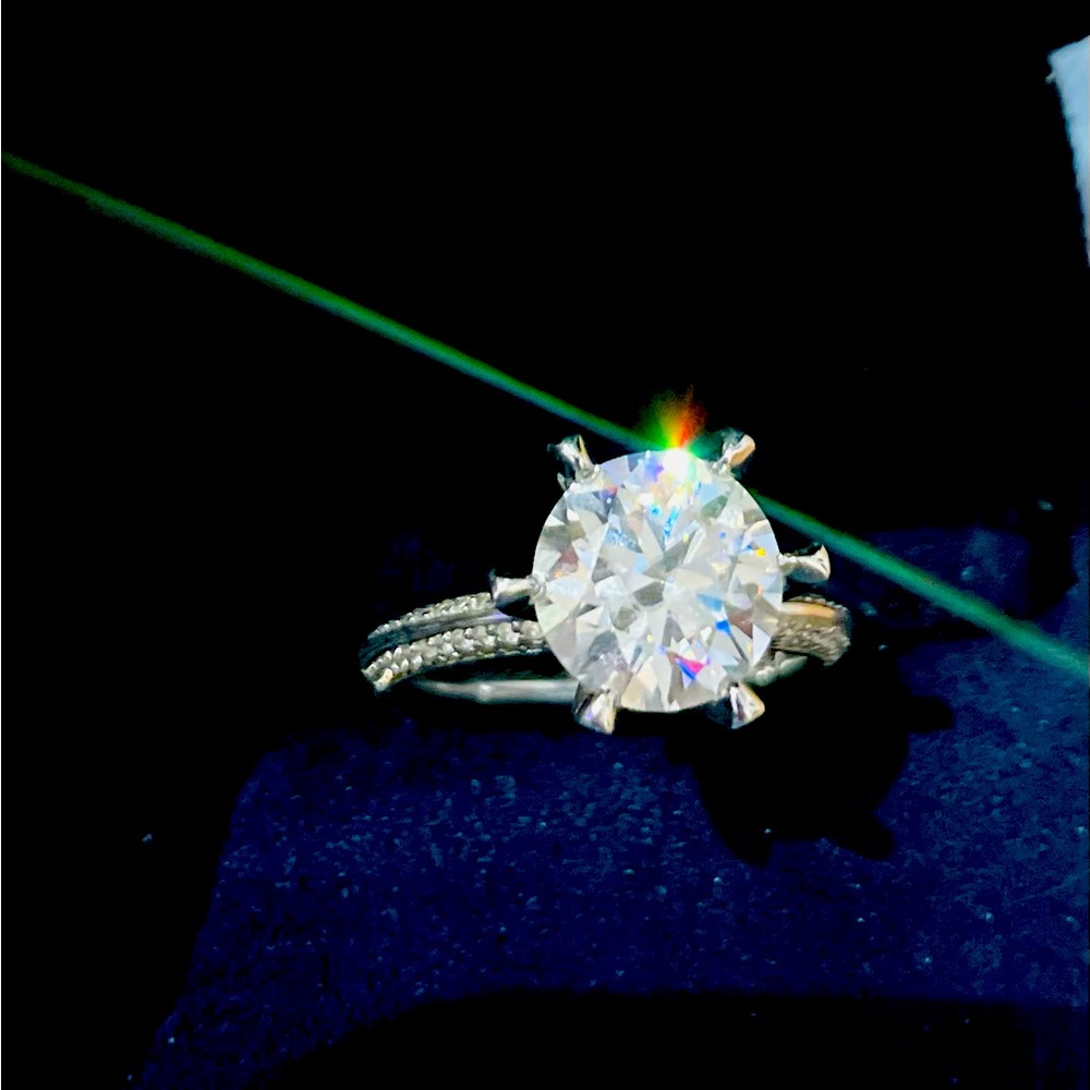 3ct moissanite with pave stones and high setting made by “read your heart”